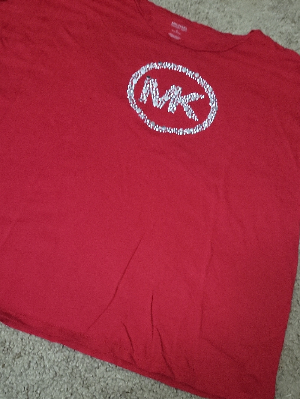 Michael Kors Red T-Shirt with Silver Studded  Rhinestone MK Emblem